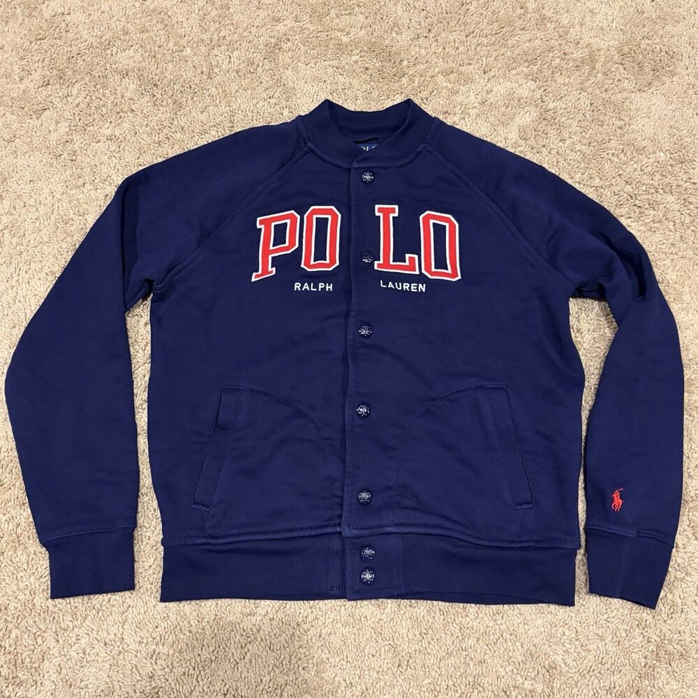 Polo Ralph Lauren Navy Blue Bomber Jacket Snap Button Boys Size Large 14-16